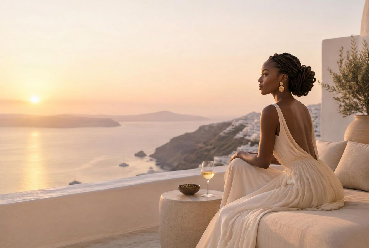 A traveller watching the sunset from a terrace above the sea