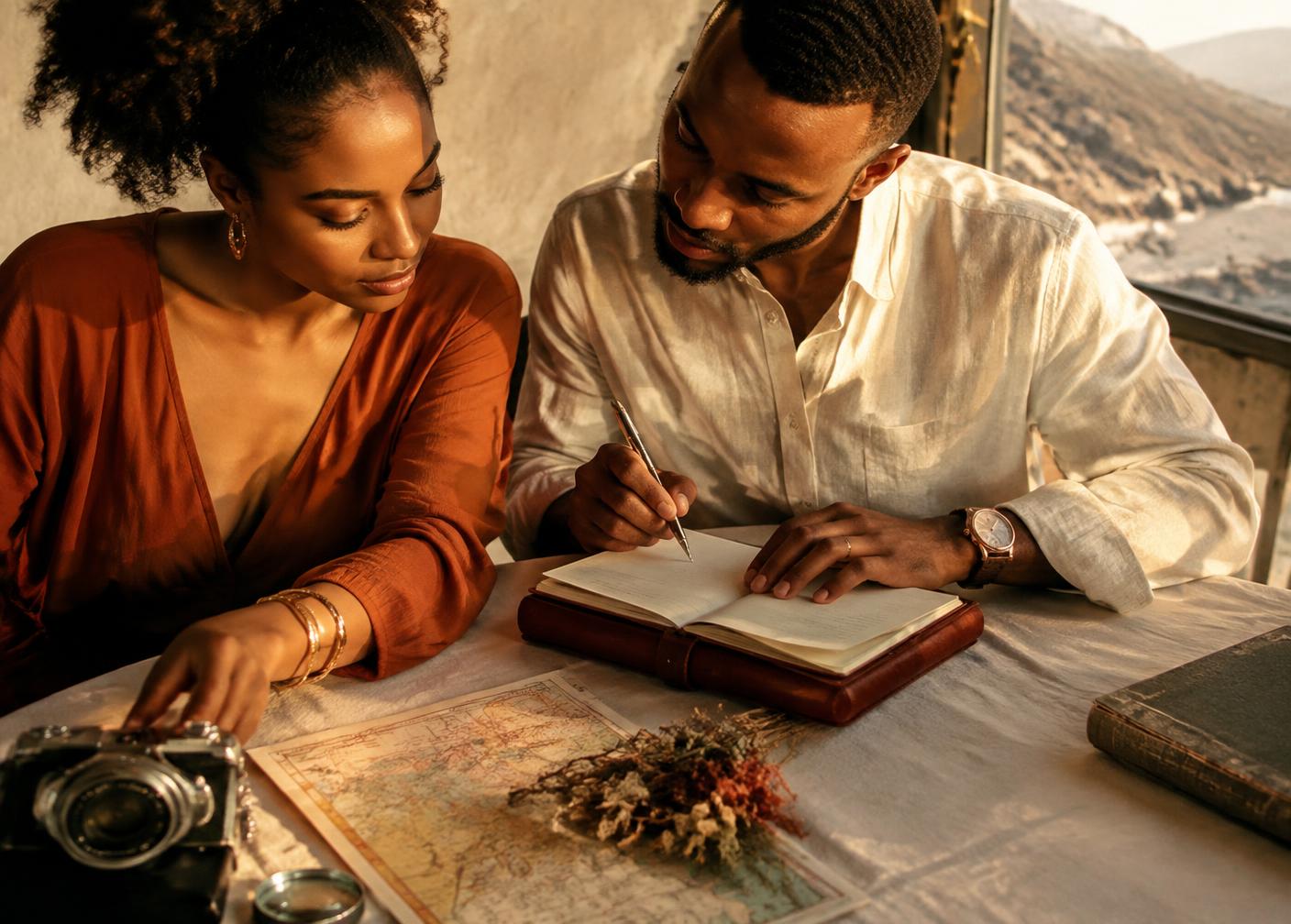 A couple planning their journey with a map and travel journal